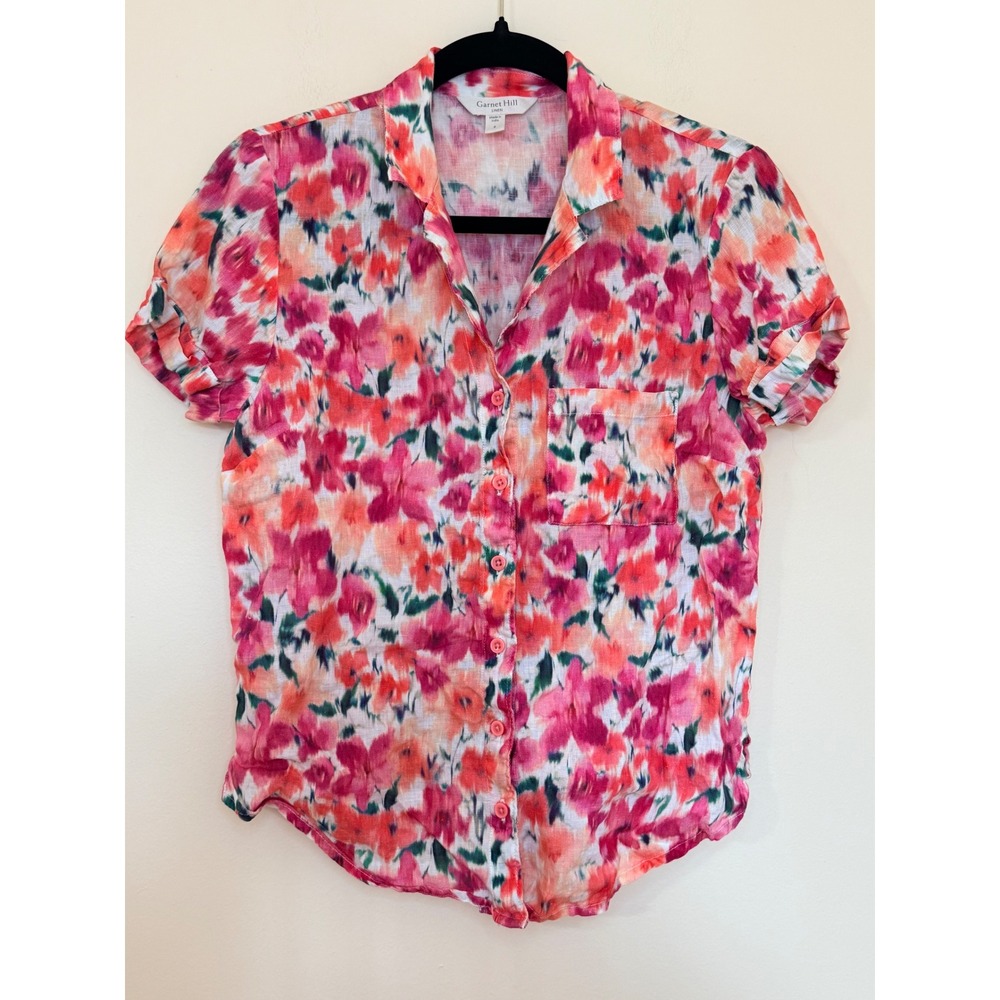 Garnet Hill 100% Linen Floral Short Sleeve Button Down Shirt Pink Orange Size 6